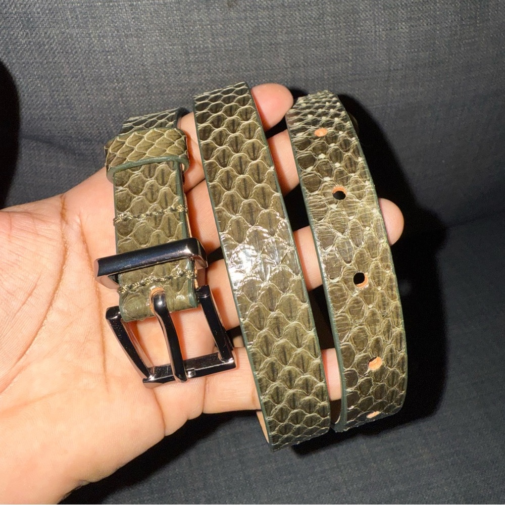 Barbara Bui Olive Green Snakeskin Leather Belt with Black Buckle